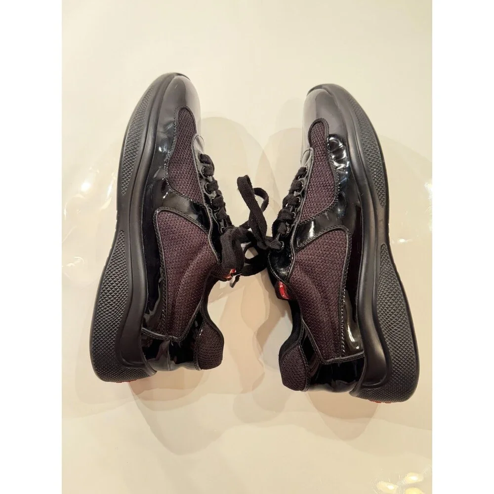 Prada Mens Americas Cup Black Patent Leather Mesh Lace-Up Sneakers US 7